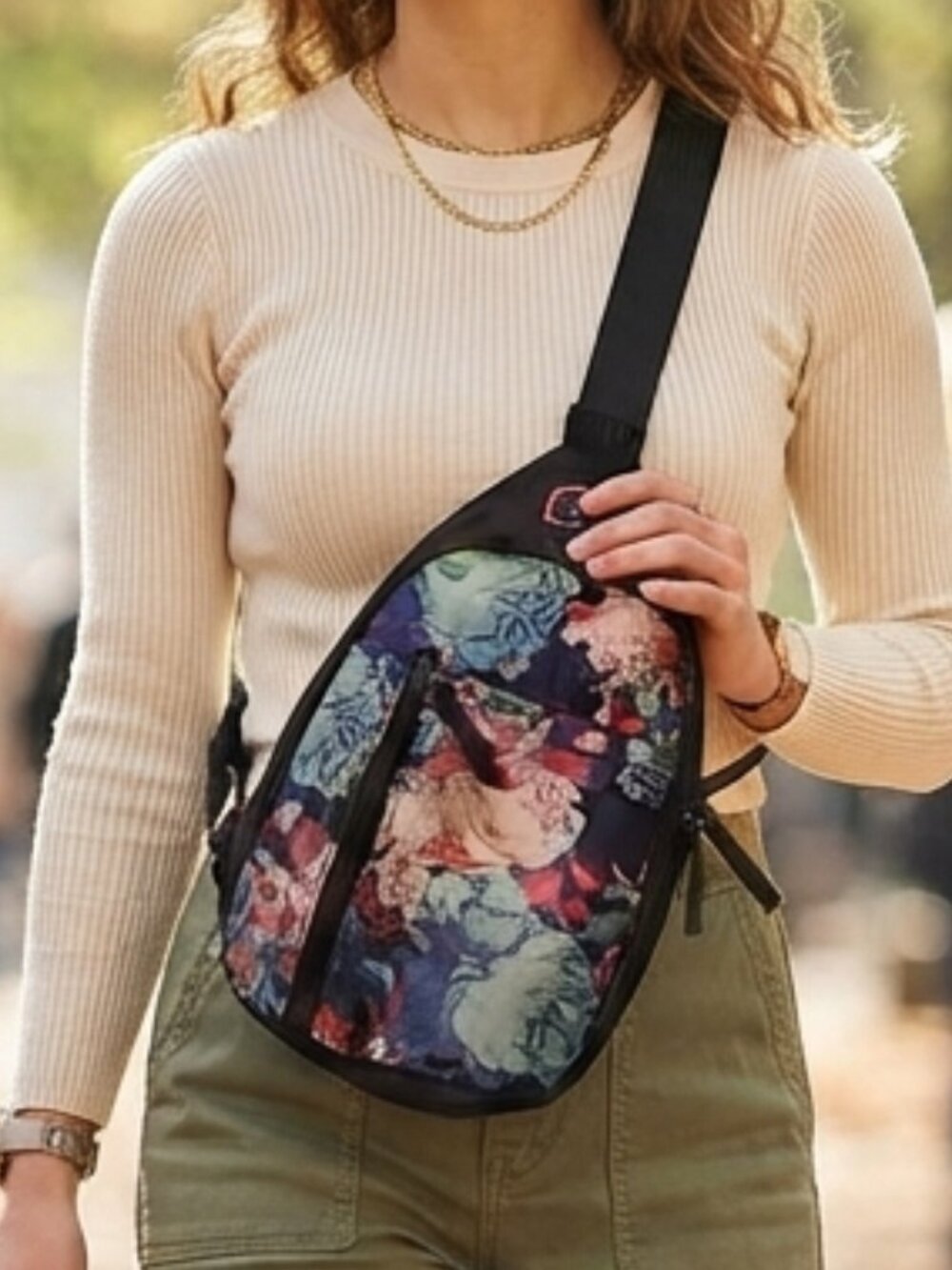 Floral Print Crossbody Sling Backpack Black Botanical Daypack Chest Bag